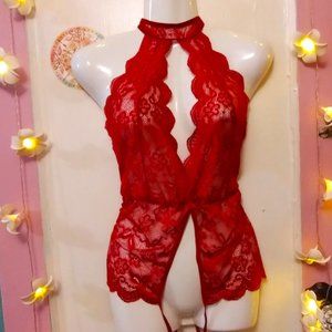 Ababoon (M) Floral Lace Peekaboo Cutout Collared Red Teddie